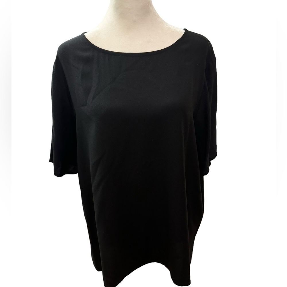 Eileen Fisher Black Silk Georgette Short Sleeve Shirt. Size L. EUC